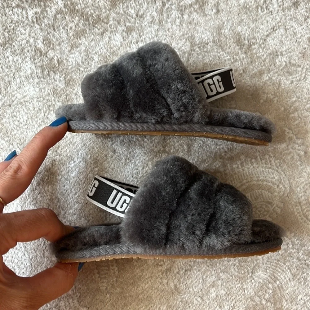 Brand New UGG Fluff Yeah Slides Baby & Toddler Gray Genuine Sheepskin Slipper